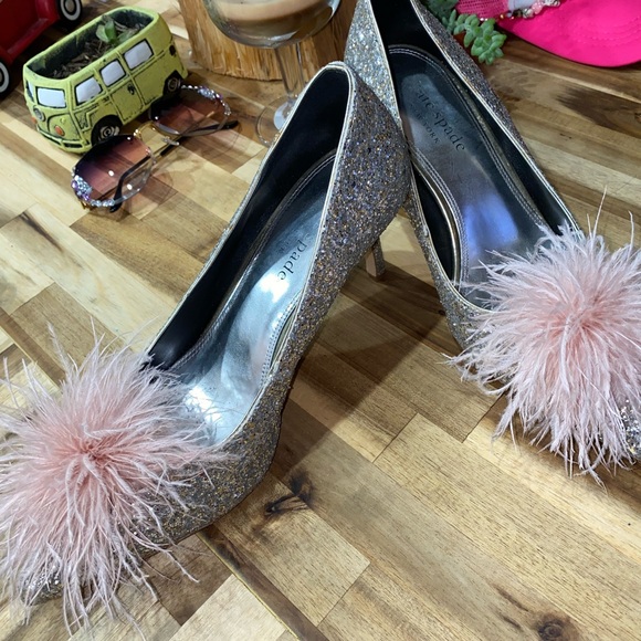 Gently used Kate Spade Marabou Pumps silver and gold glitter with pink feathers - Picture 7 of 17